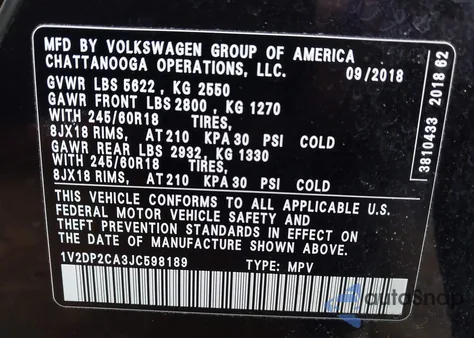 2018 Volkswagen Atlas 2.0T Se/2.0T Se W/Technology from USA, damaged, VIN 1V2DP2CA3JC598189